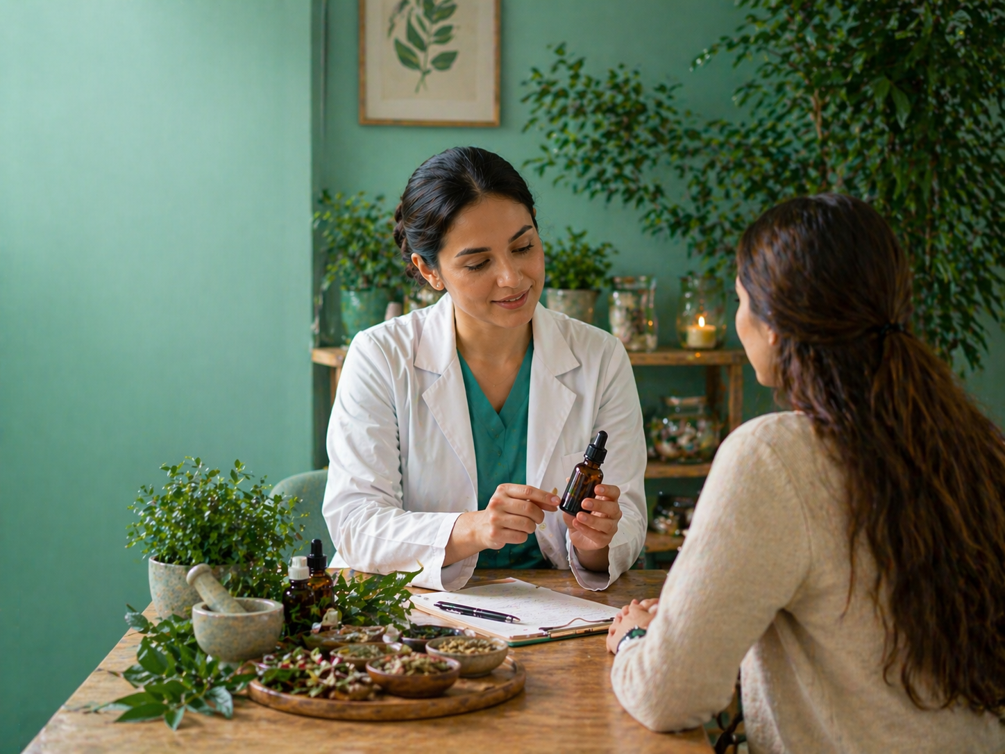 Naturopathic doctor explaining herbal supplements to patient during consultation in Mississauga clinic